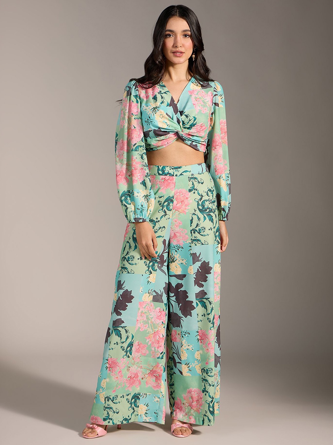 

20Dresses Green And Pink Printed V-Neck Top With Trousers