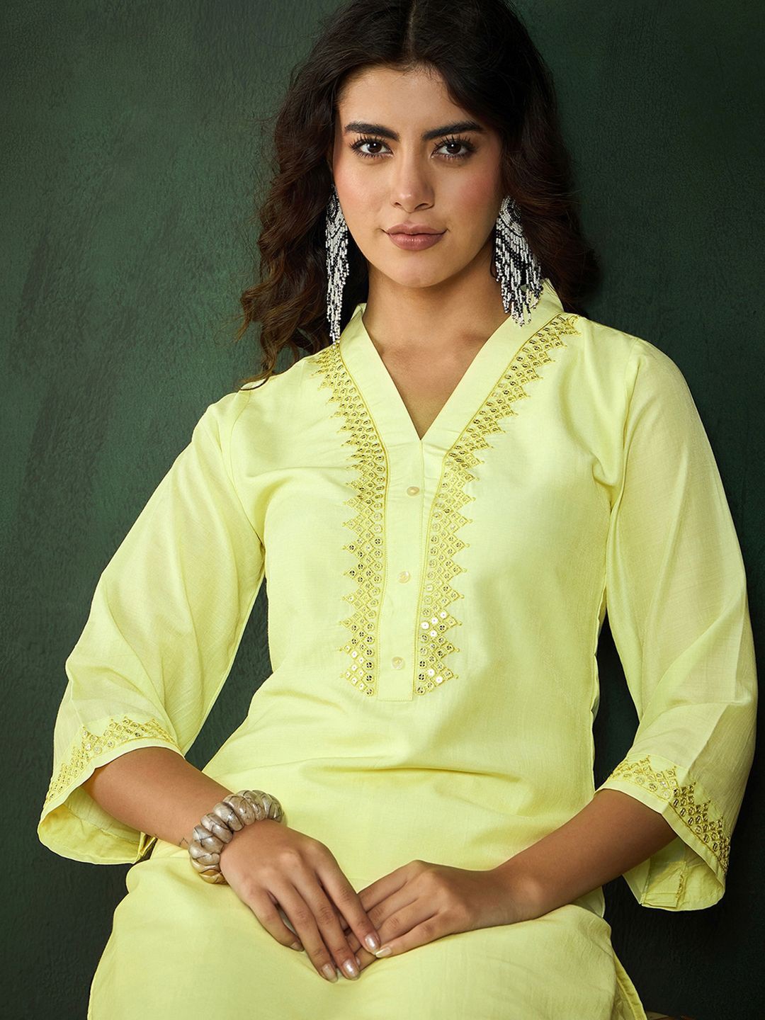 

Sangria Yellow Embroidered Sequined V-Neck Straight Kurta With Trousers