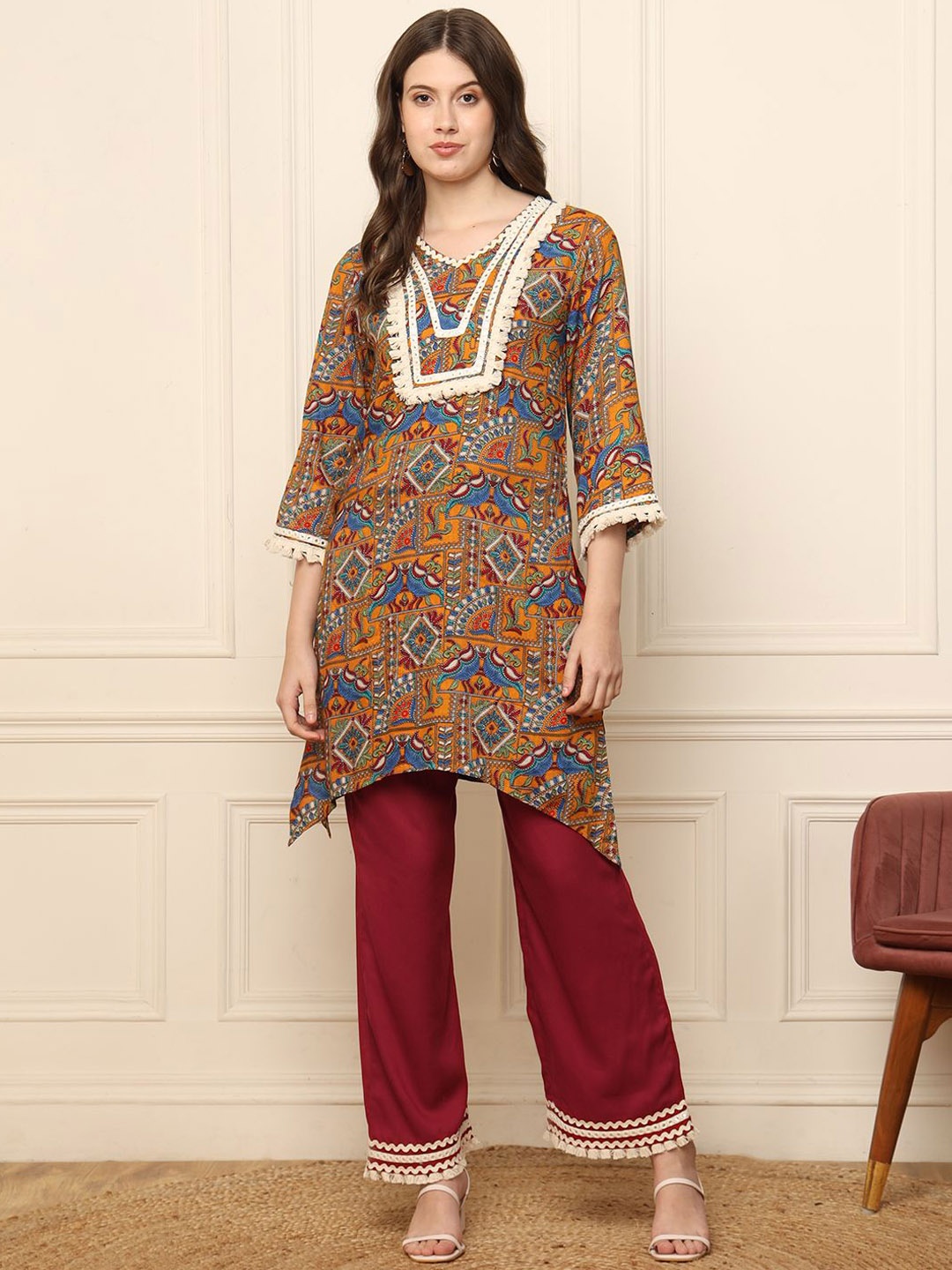 

DEEBACO Ethnic Motifs Printed Tunic With Palazzos, Yellow