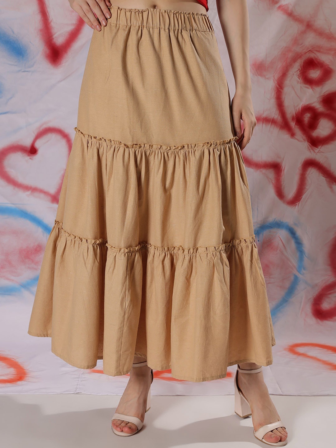

NEUDIS Women Flared Pure Cotton Maxi Skirt, Beige