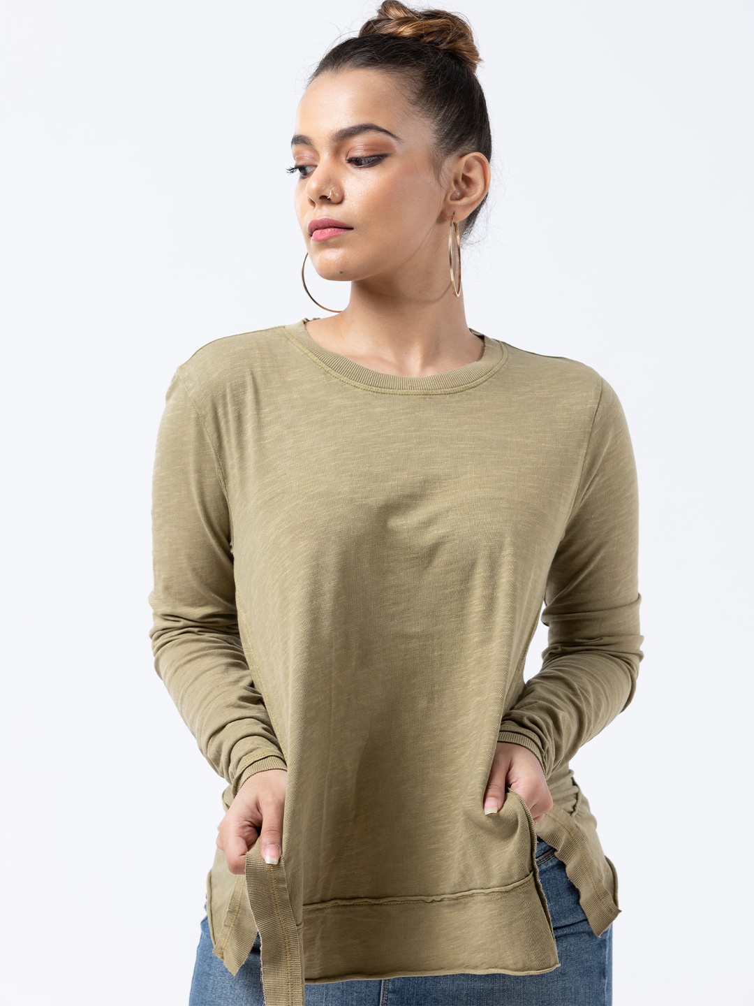 

PURPLE POTATO Women Solid Round Neck Cotton Top, Olive