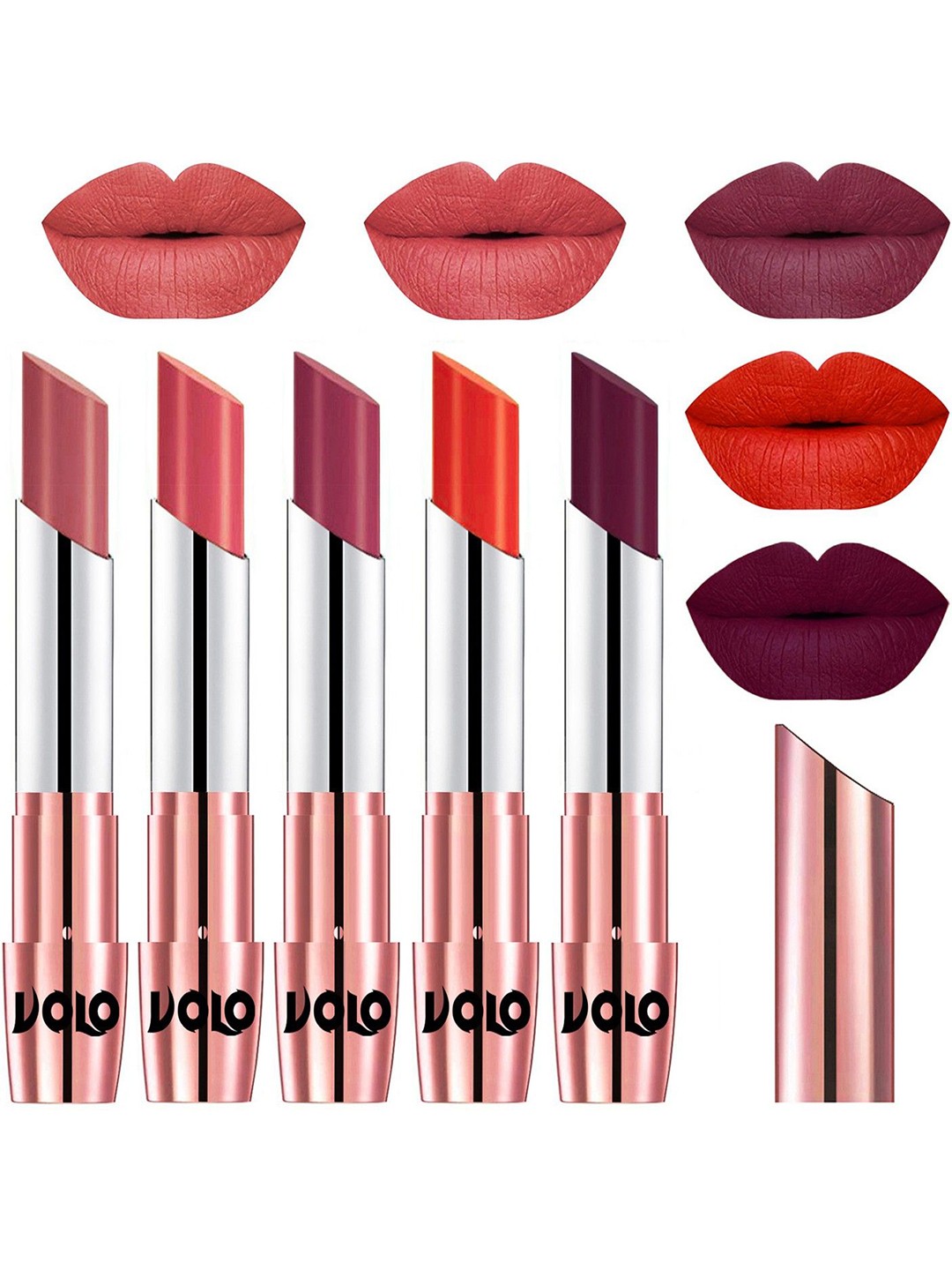 

VOLO Set Of 5 Creme Matte Lipstick-3.5g Each-Light Peach-Dark Peach-Rose Pink- Coral-Wine, Multi