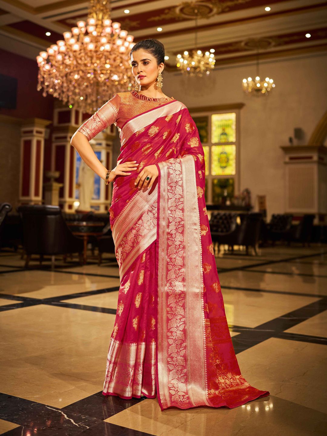 

Krimmple Woven Design Zari Saree, Red