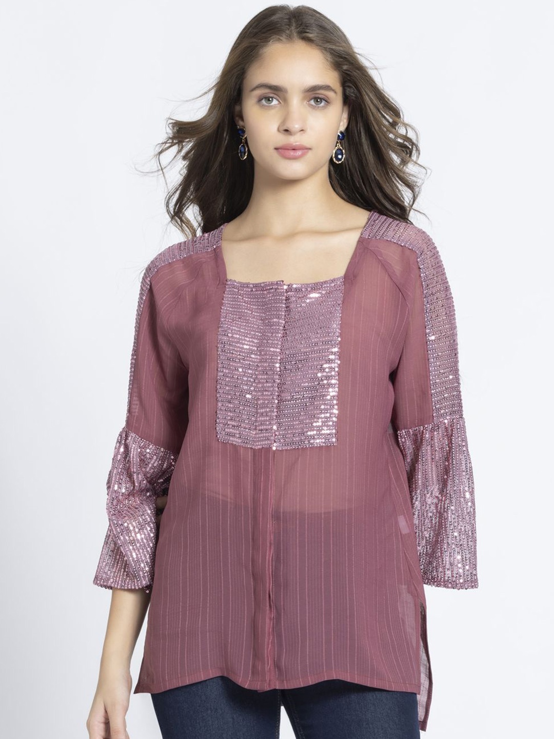 

SHAYE Women Square Neck Sequins Long Sleeves Ethnic Top, Pink