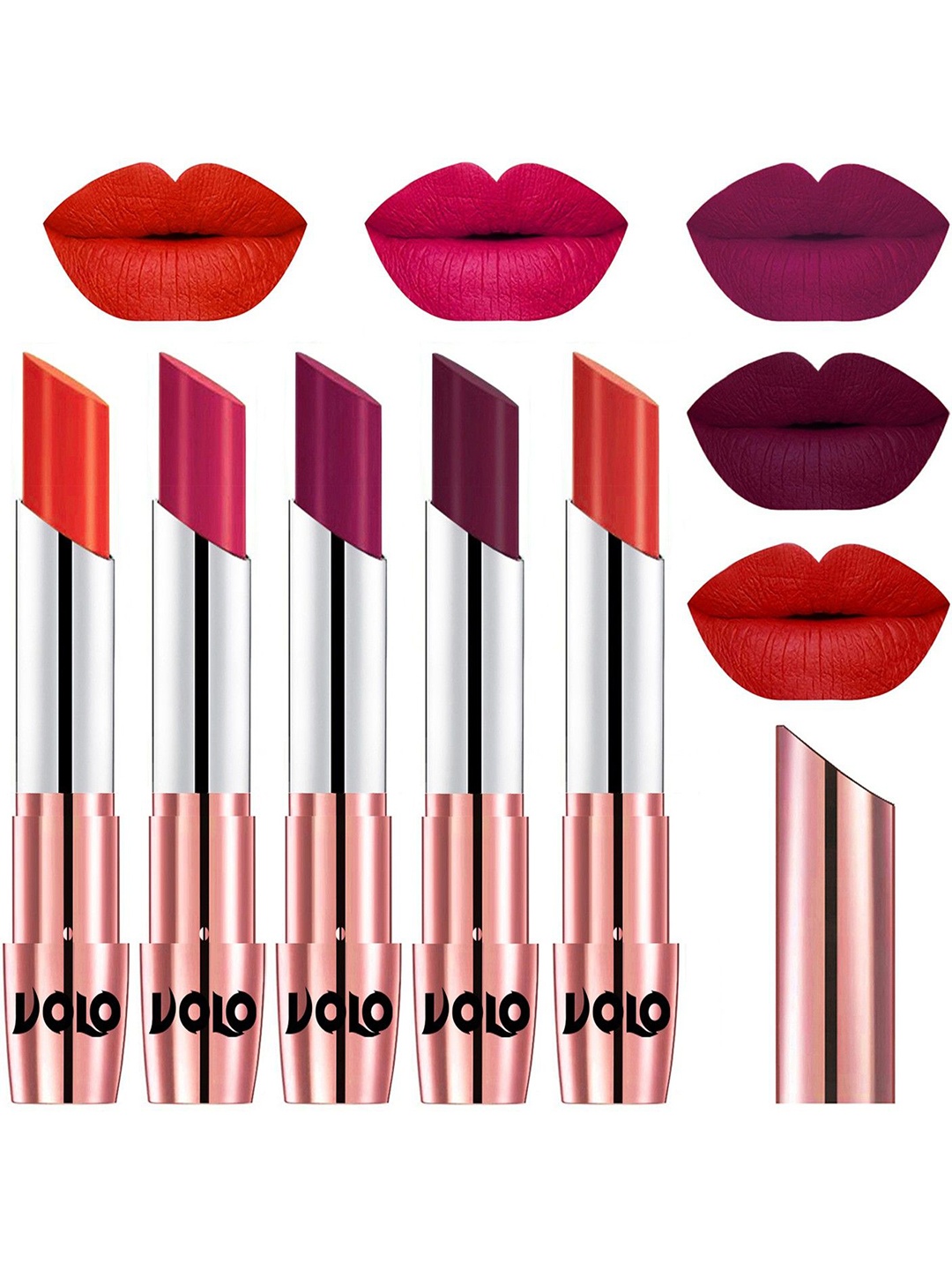 

VOLO Set Of 5 Creme Matte Lipstick-3.5g Each -Coral- Passion Pink- Magenta- Wine-Orange, Multi