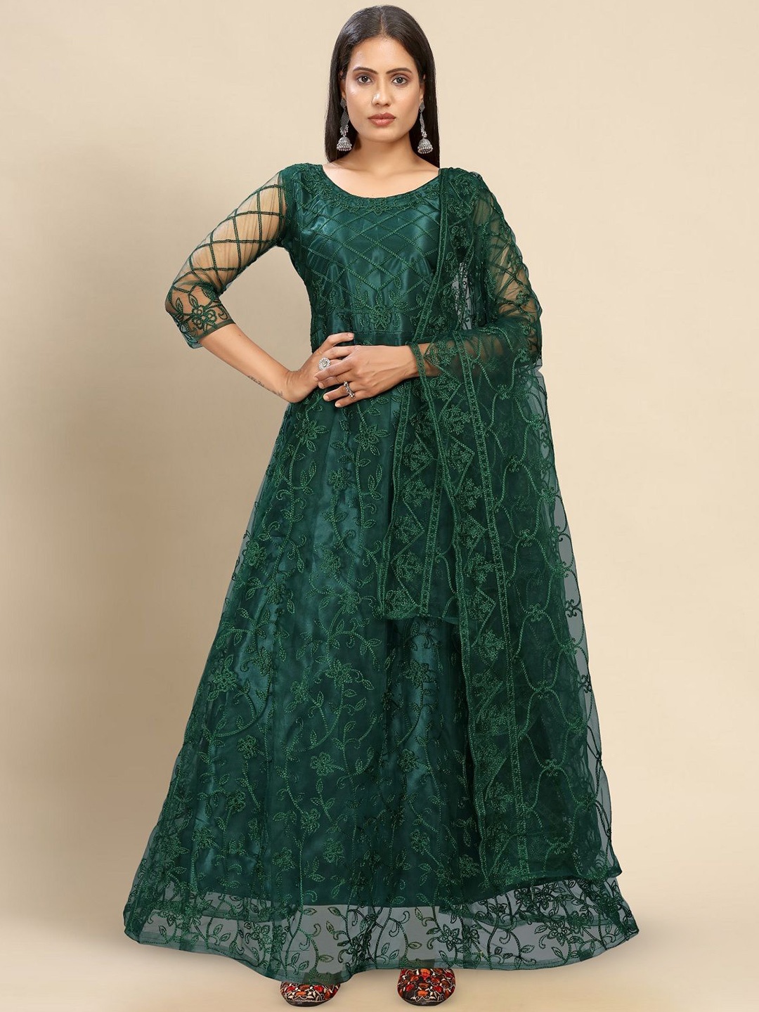 

LADY SHOPI Women Ethnic Motifs Embroidered Net Fit & Flare Maxi Dress, Green