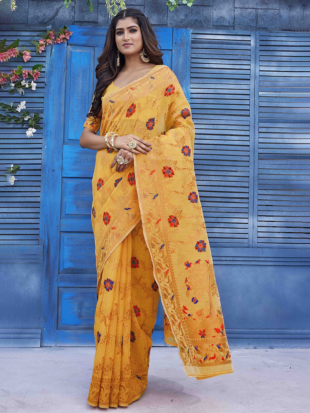 

Krimmple Woven Design Zari Pure Linen Kanjeevaram Saree, Mustard