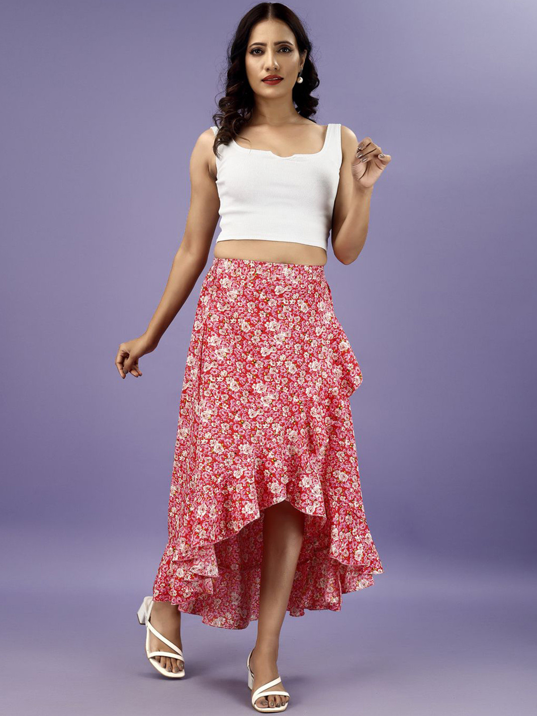 

OTABU Women Floral Printed Ruffles Flared Midi Skirts, Red