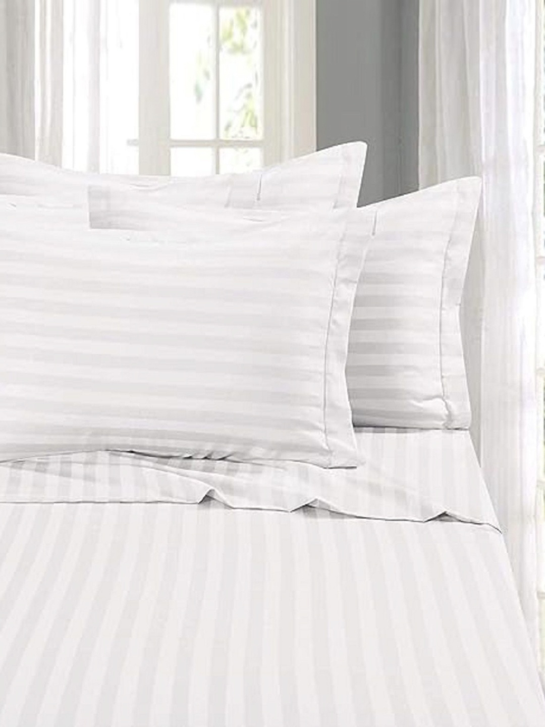 

HOMEZADO White Striped Satin 300 TC Queen Bedsheet with 2 Pillow Covers