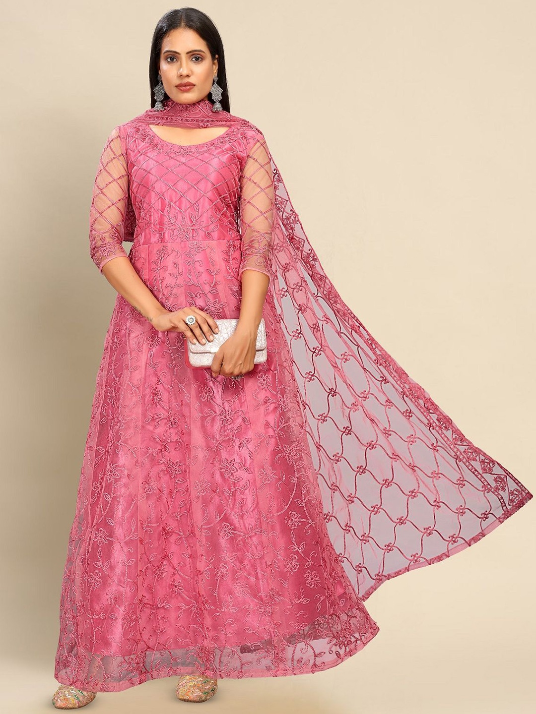 

LADY SHOPI Embroidered Net Fit & Flare Maxi Dress, Peach