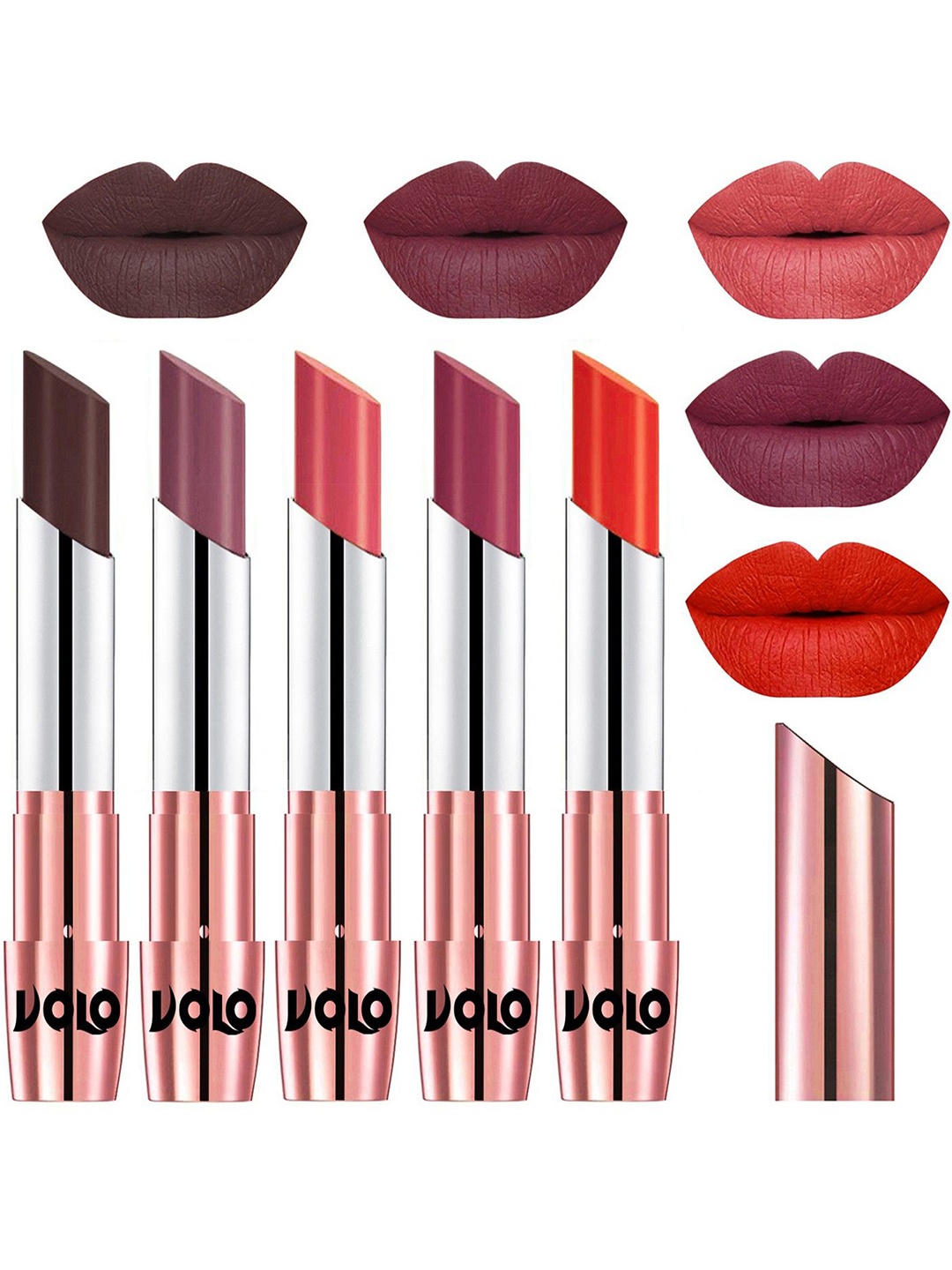 

VOLO Set Of 5 Matte Lipstick-Chocolate 35-Plum 36-Dark Peach 37-Rose Pink 38-Coral 39