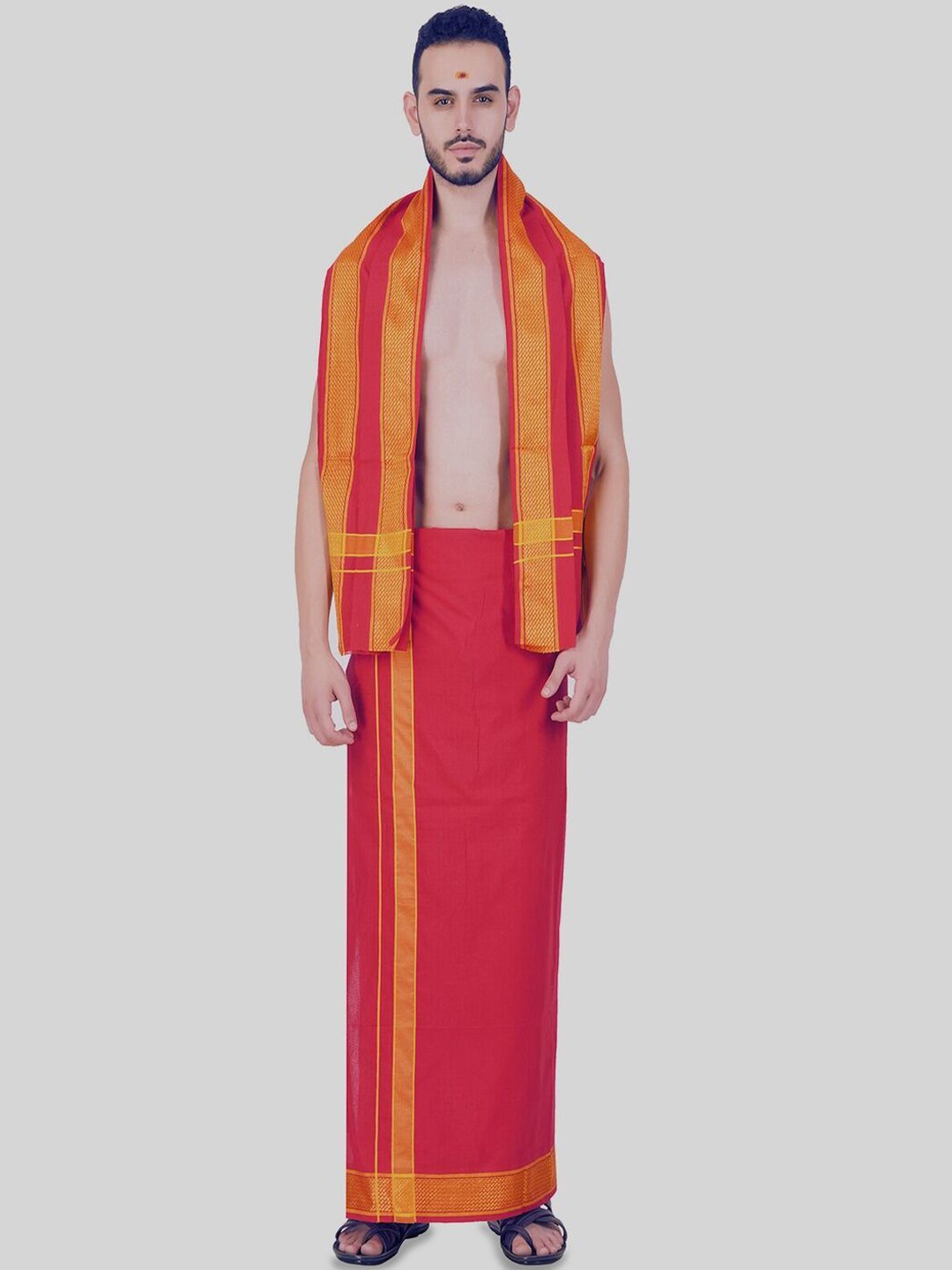 

ETHAZH Free Size Men's Cotton Dhoti and Angavastram/Towel Set, Red