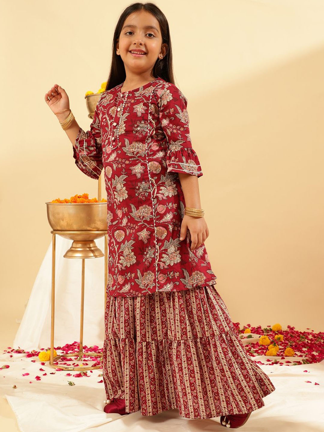 

BANDIA Girls Floral Printed Regular Gotta Patti Pure Cotton Straight Kurta with Sharara, Maroon