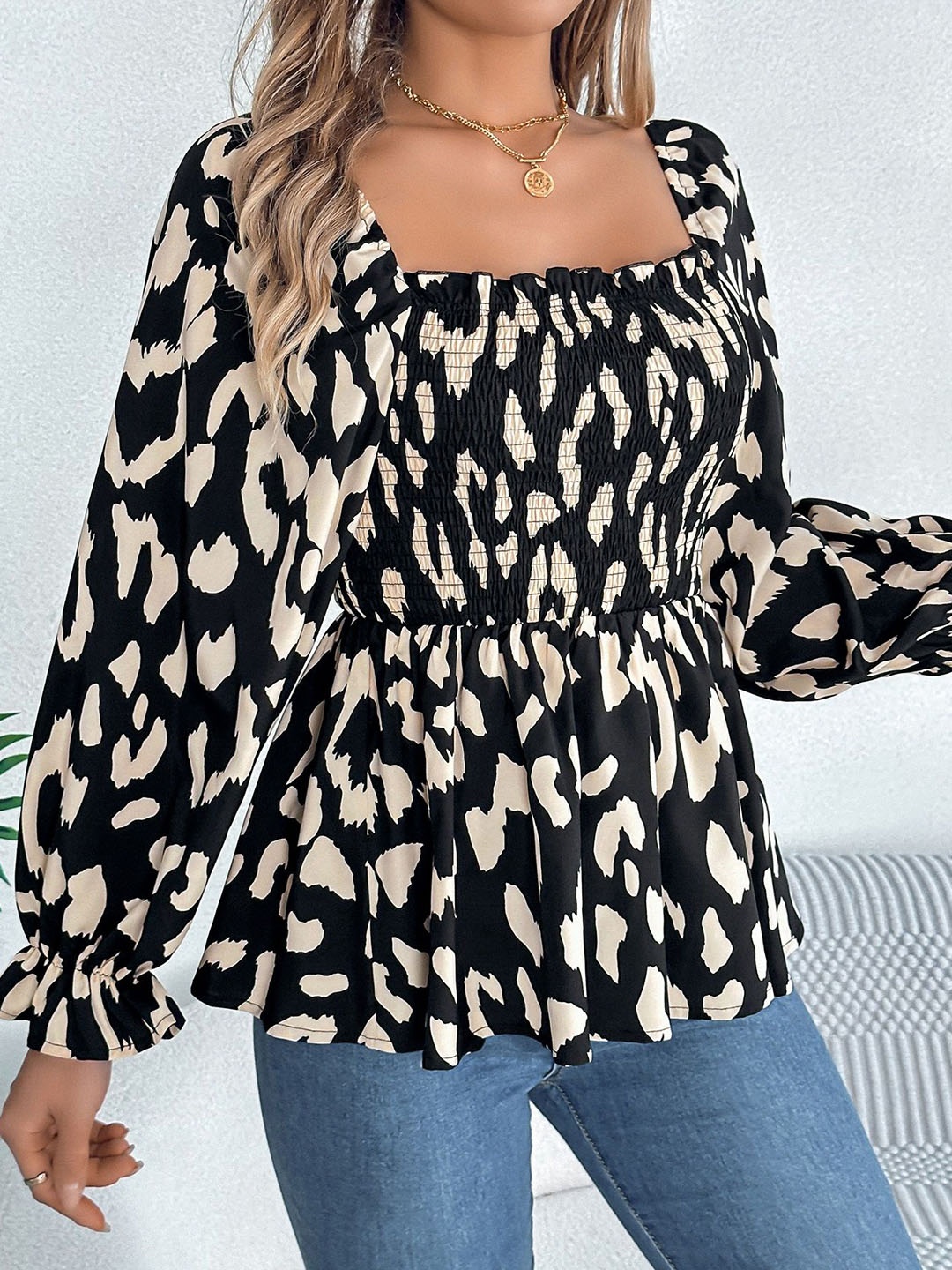 

HERE&NOW Women Abstract Printed Square Neck Top, Black