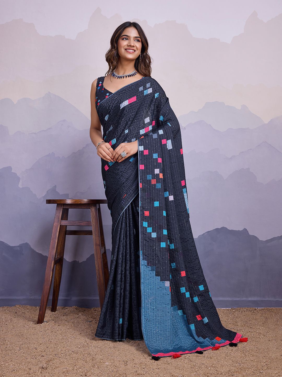 

Mitera Sequinned Silk Blend Saree, Grey