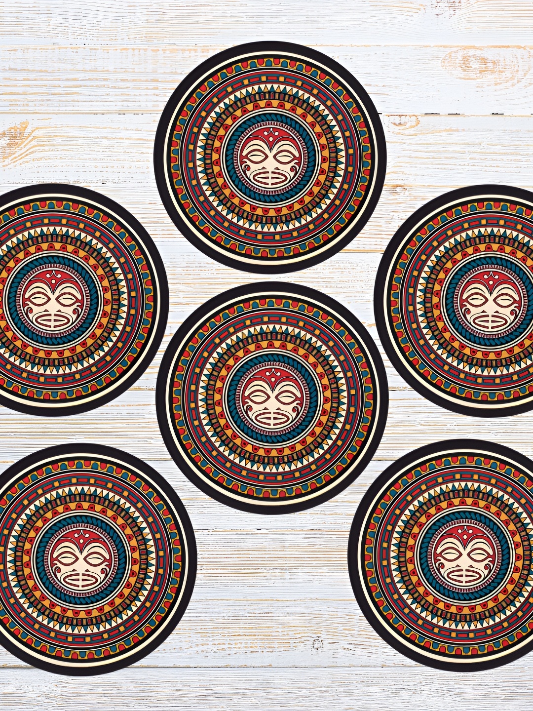 

Home Delight Red & Grey 6 Pieces Maori Mandala Printed Round Wooden Coasters