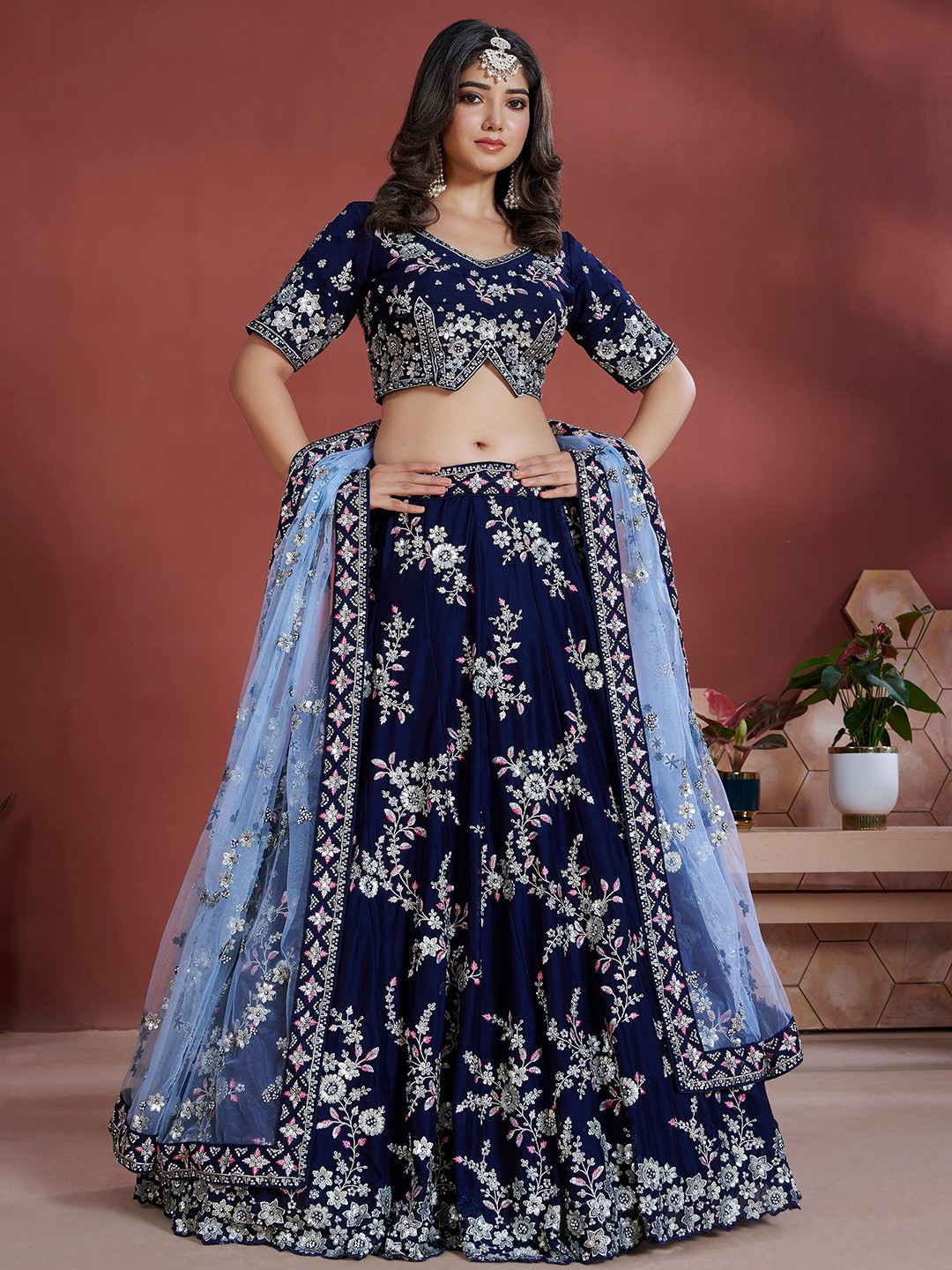 

JMS Studio Embroidered Sequinned Semi-Stitched Lehenga & Unstitched Blouse With Dupatta, Navy blue
