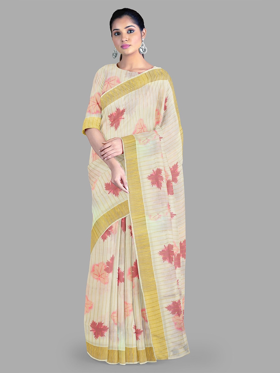 

The Chennai Silks Floral Zari Pure Cotton Kasavu Saree, Off white