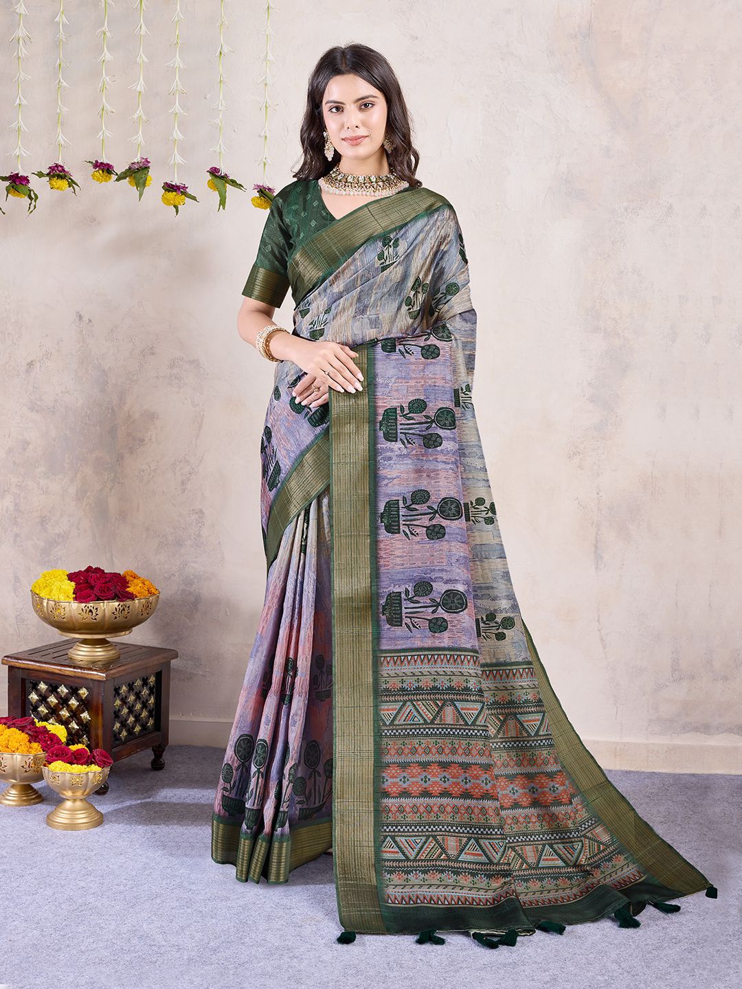 

Mitera Floral Printed Zari Saree With Tassels, Green