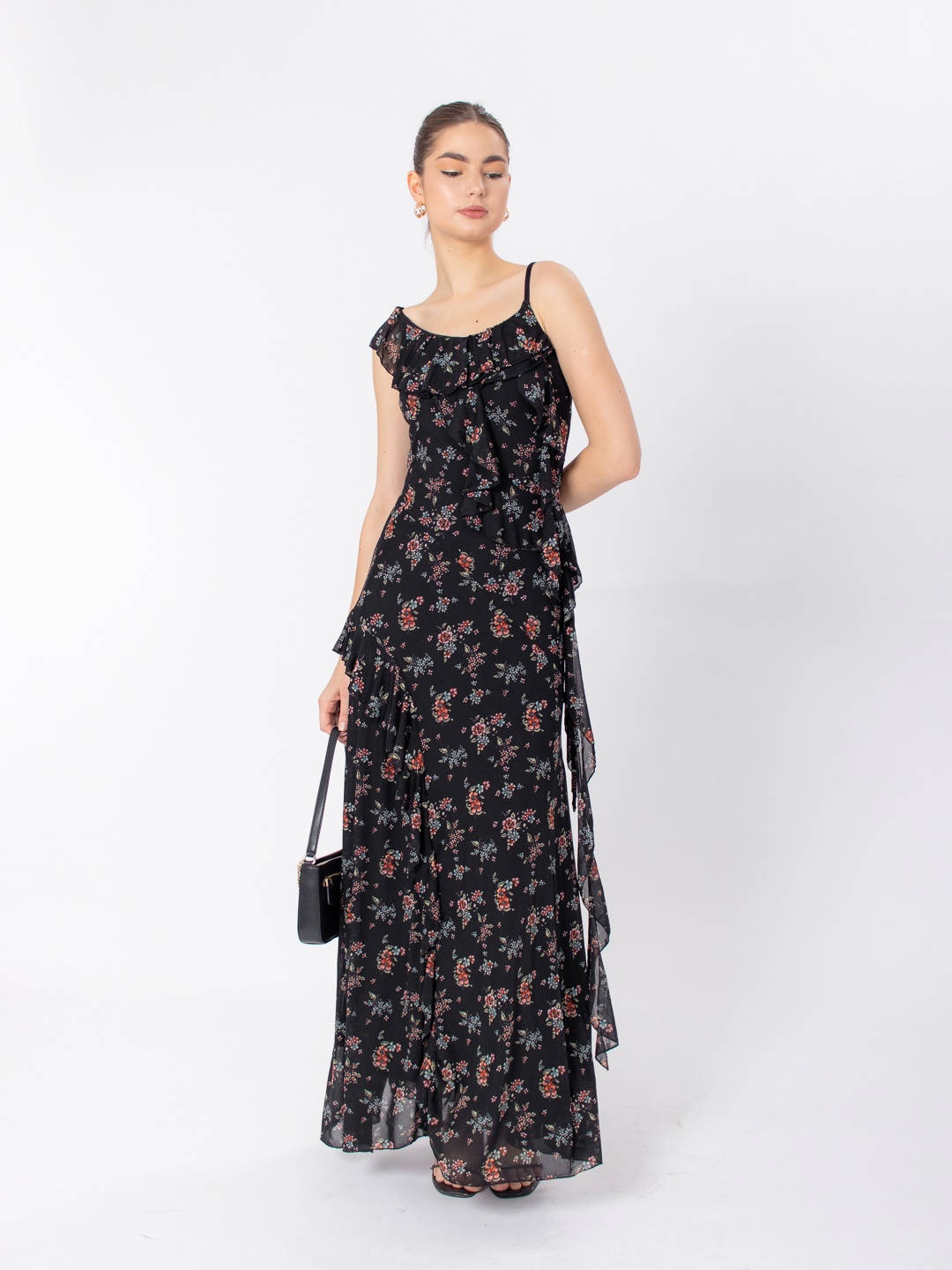 

Stylecast X Hersheinbox Floral Print Ruffled Net Sheath Maxi Dress, Black