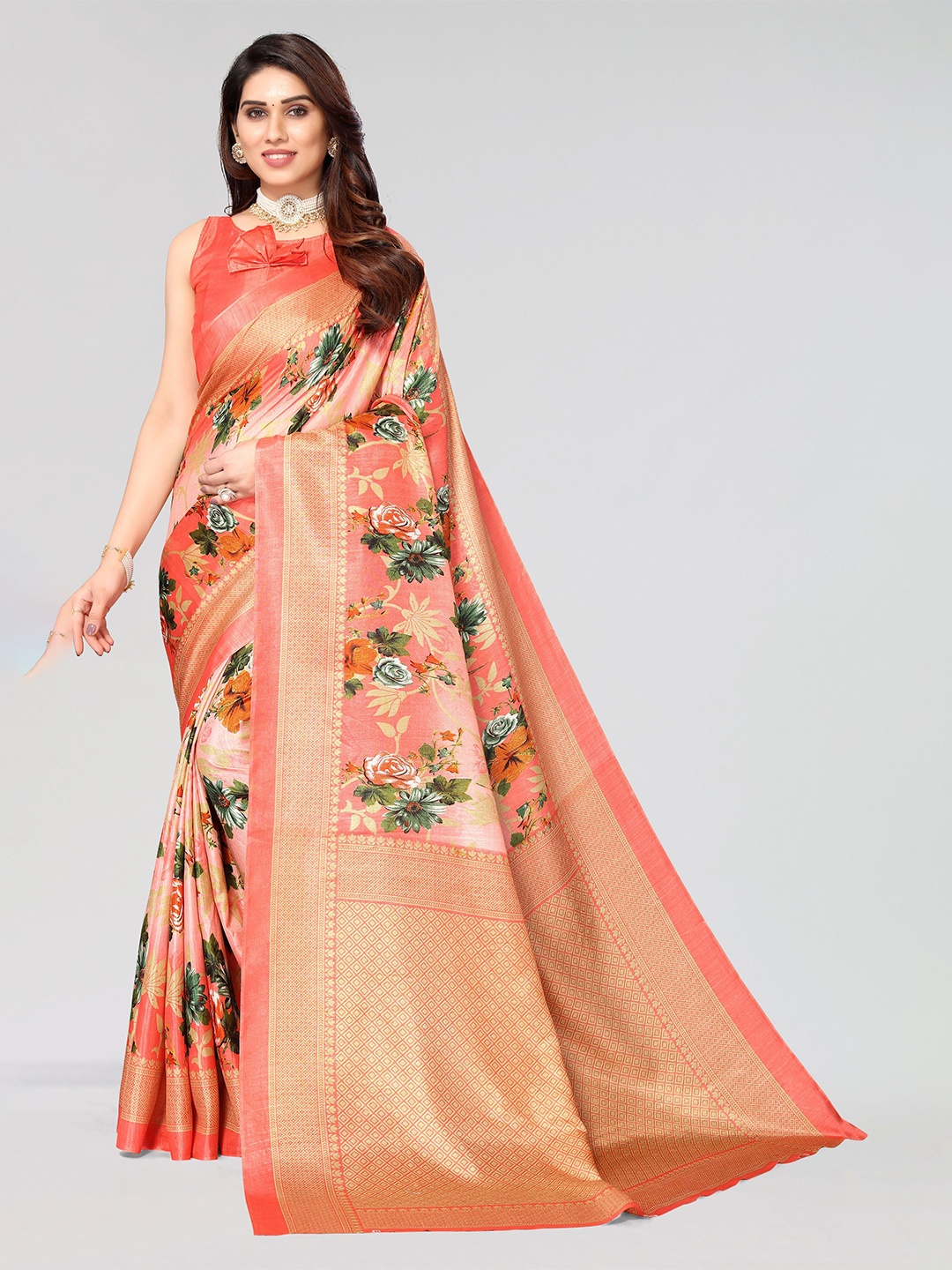 

VIRICA Floral Printed Saree With Zari Border, Peach