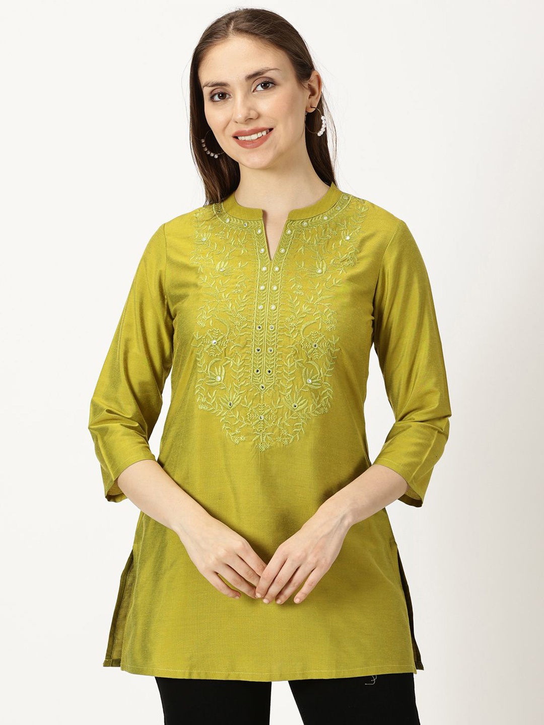 

Saffron Threads Mandarin Collar Embroidered Tunic, Green