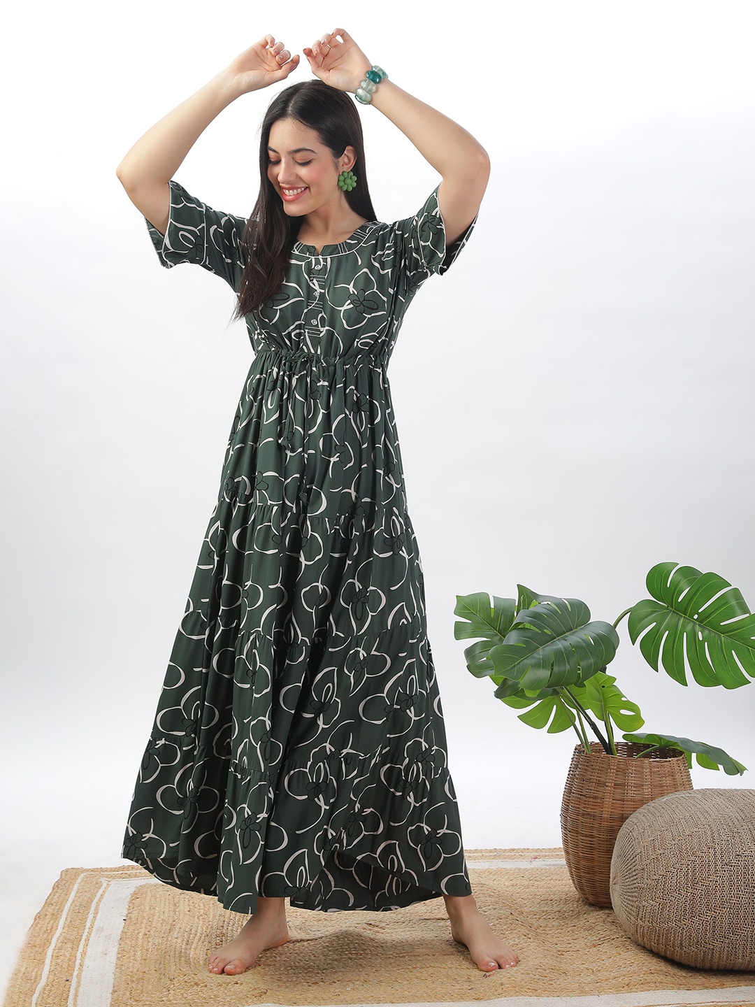 

9shines Label Printed Maxi Nightdress, Green