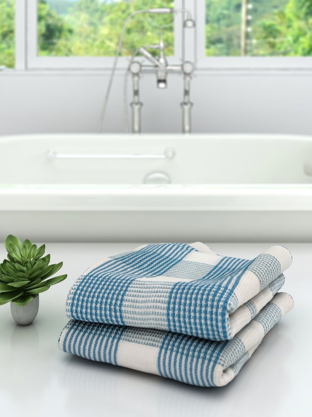 

Aura White & Blue 2 Pieces Checked Pure Cotton 210 GSM Bath Towels