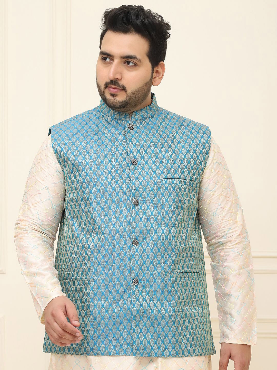 

SOJANYA PLUS Men Printed Nehru Plus Size Jacket, Blue