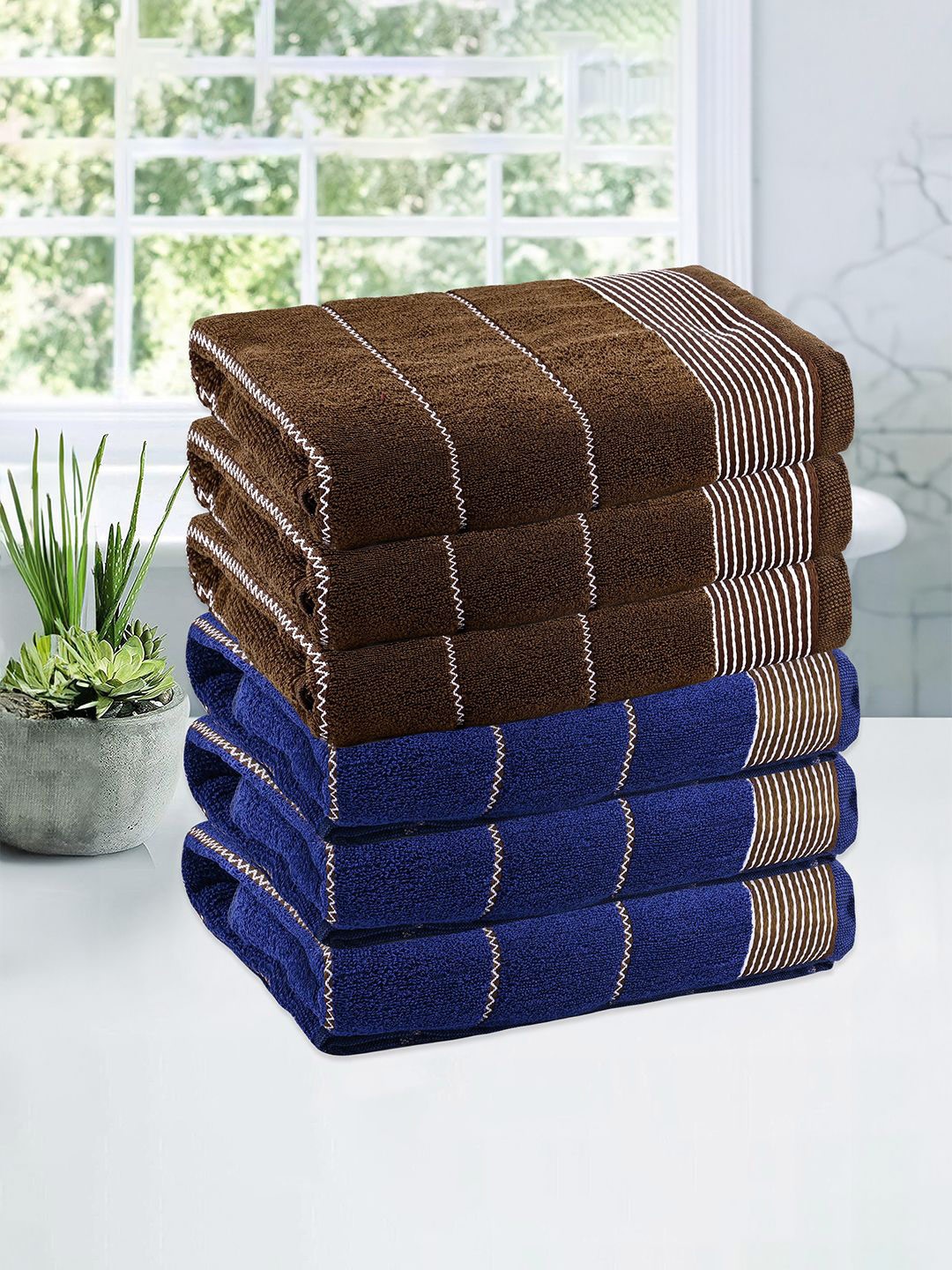 

Kuber Industries Blue & Brown 6 Pieces Pieces Striped Cotton 450 GSM Bath Towel