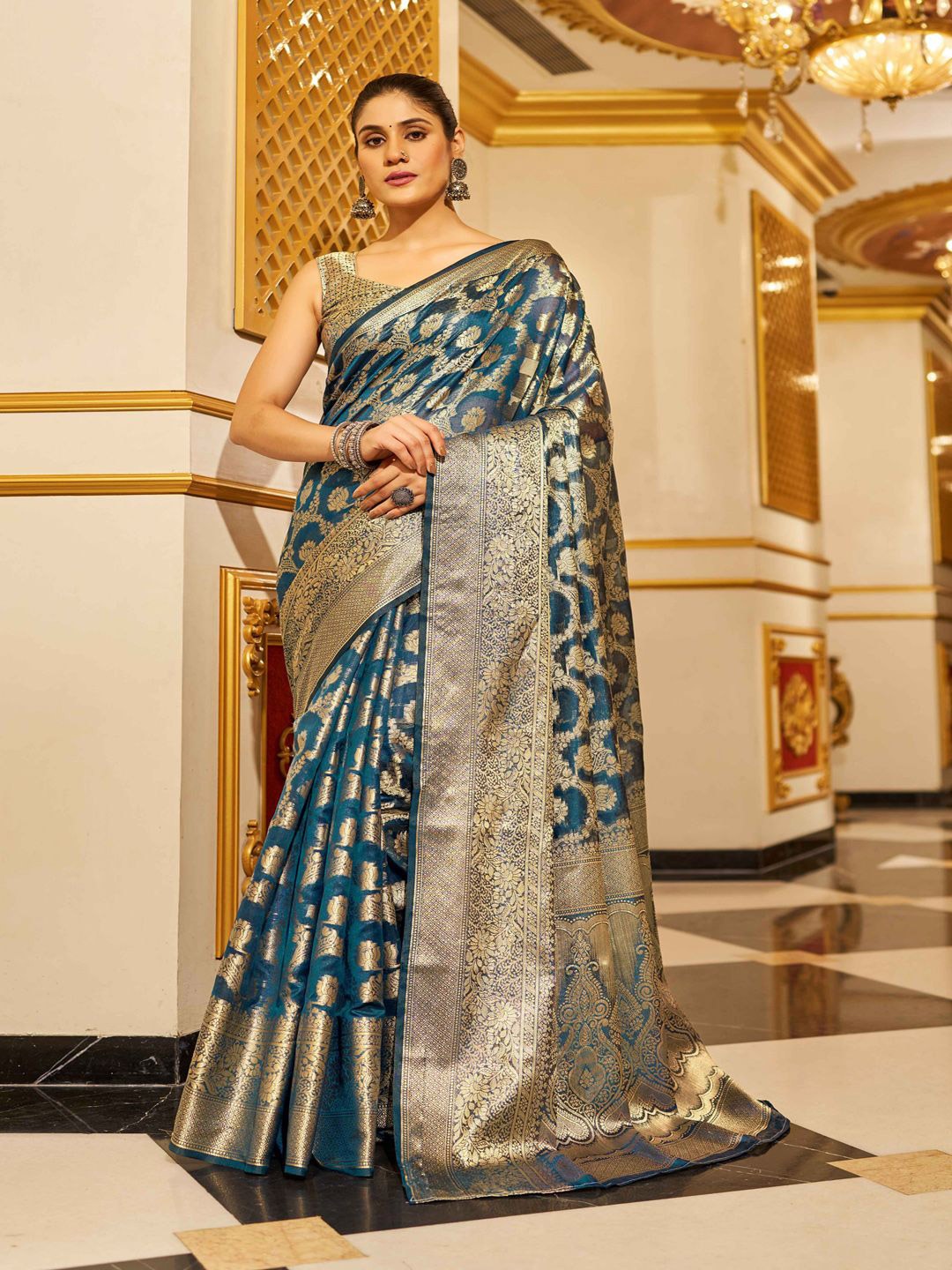 

Krimmple Woven Design Festive Organza Saree With Zari, Teal