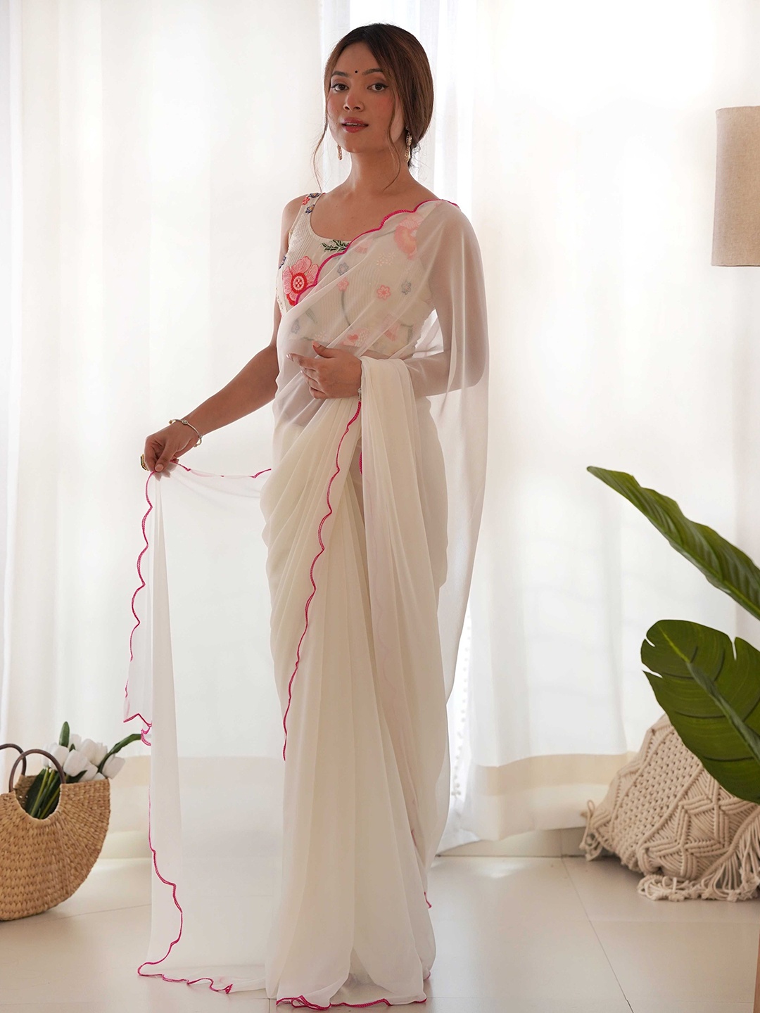 

Mitera Solid Saree With Embroidered Unstitched Blouse Piece, White