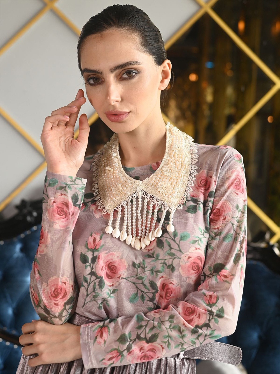 

ODETTE Pearls Embroidered Tasseled Collars Necklace, White