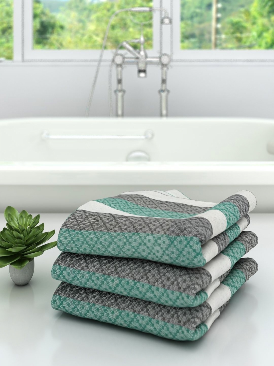 

Aura Green & Grey 3 Pieces Striped Cotton 210 GSM Bath Towel