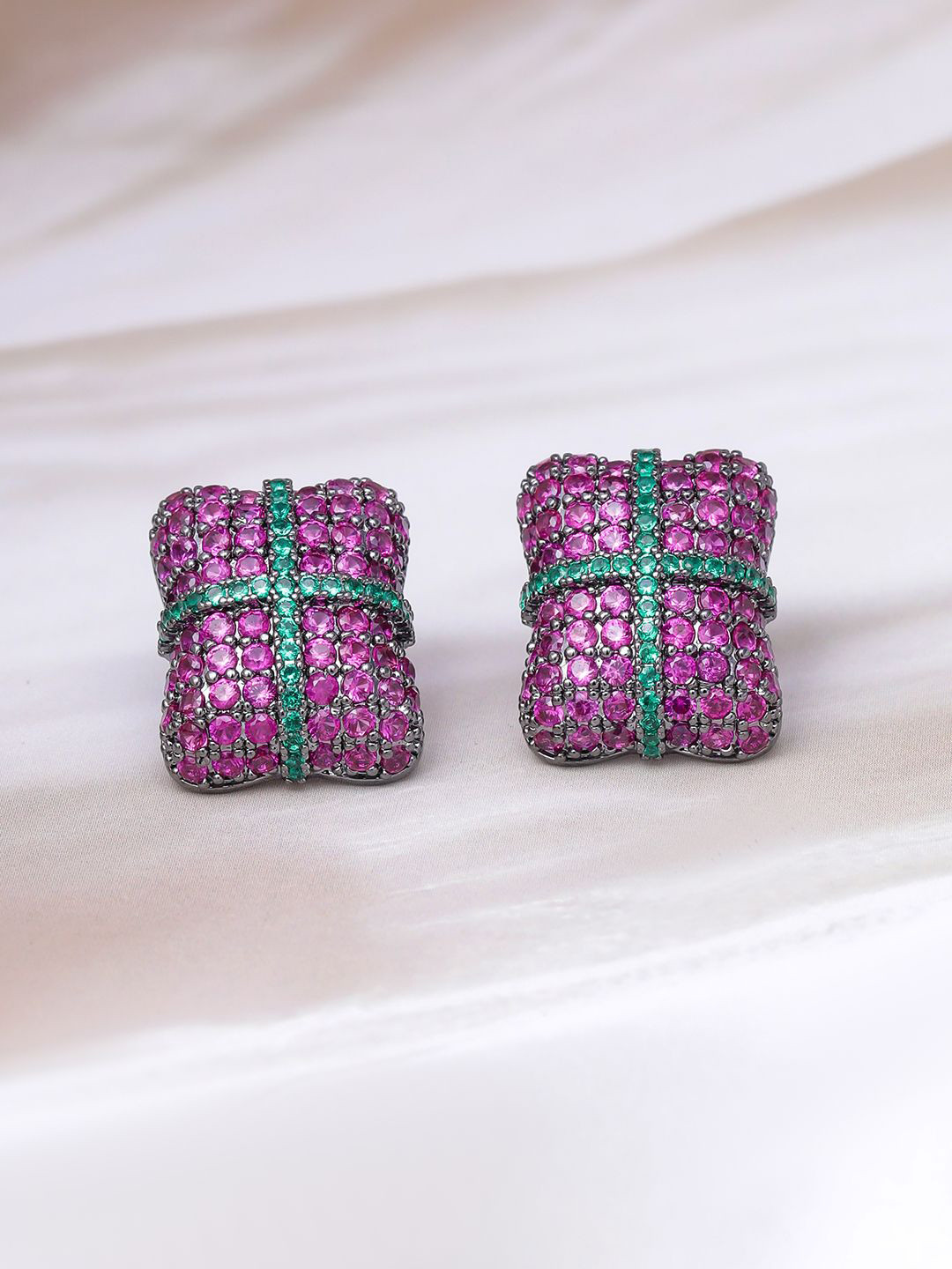 

Rubans Rhodium-Plated AD & Cubic Zirconia Stud Earrings with Ruby & Emerald Accents, Silver
