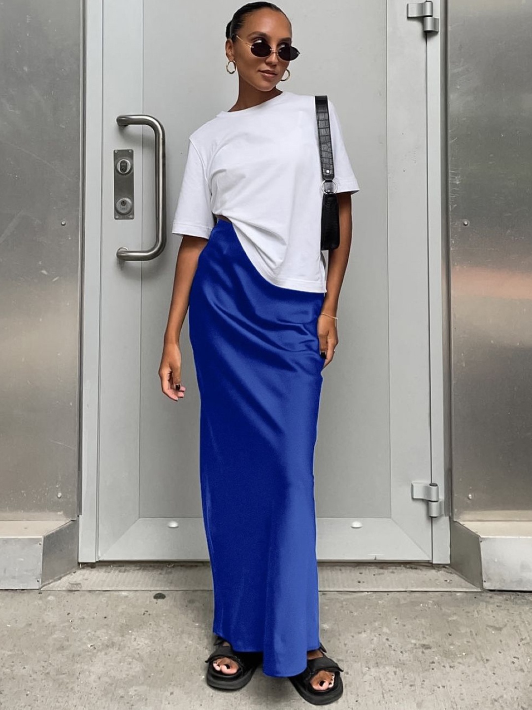 

KPOP Solid Straight Maxi Slip-On Skirt, Blue