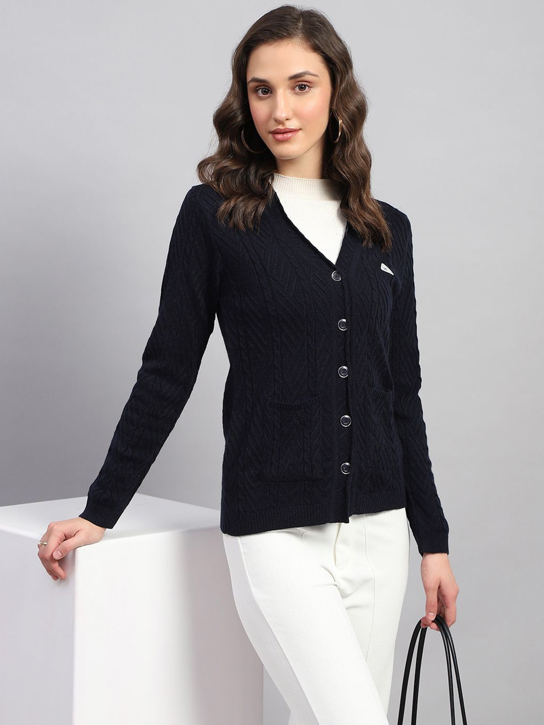 

Monte Carlo Women Cable Knit Woollen Cardigan, Navy blue
