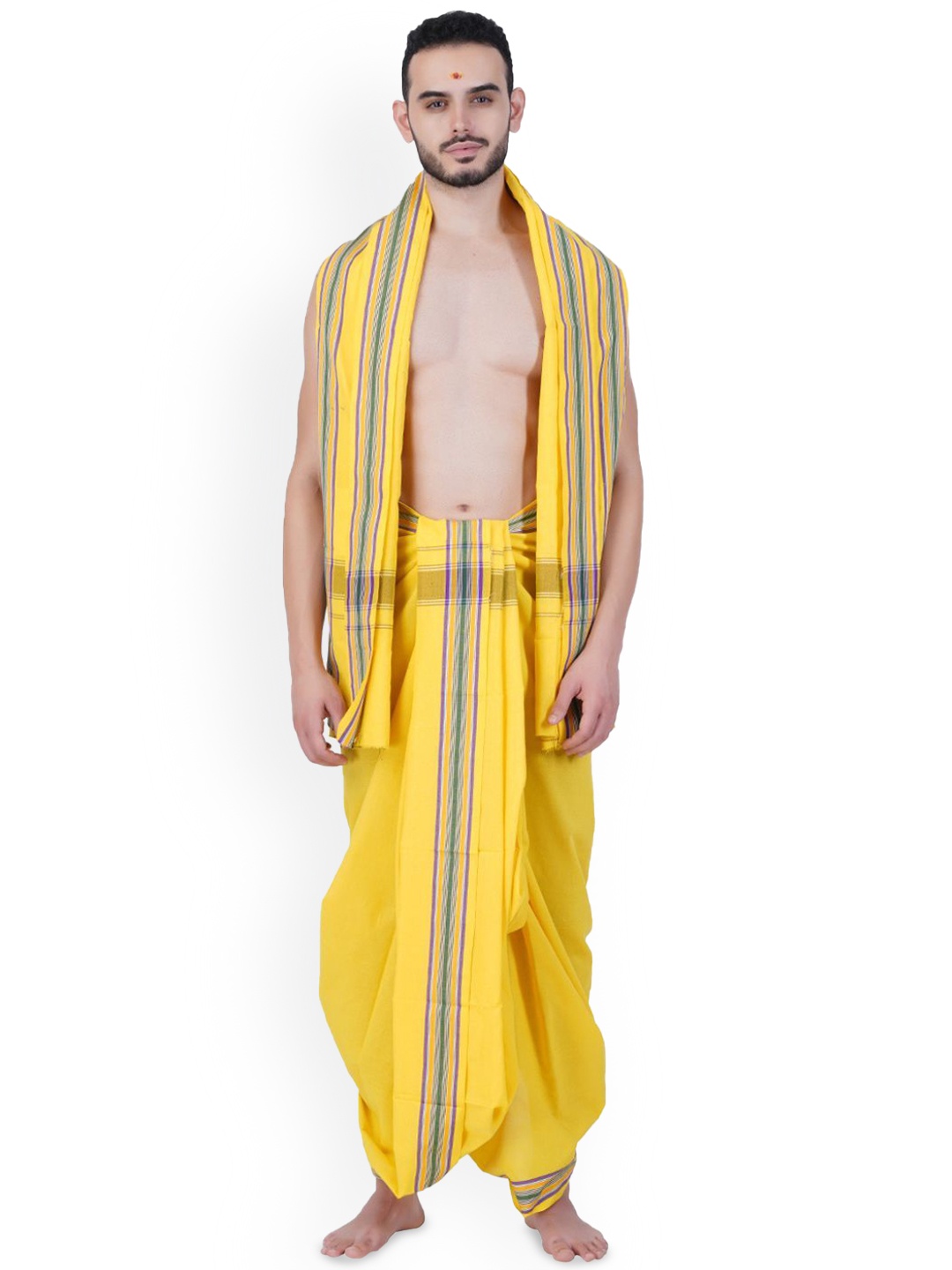 

Ethazh Men Cotton Dhoti & Angavasthram with Woven Zari Border, Yellow