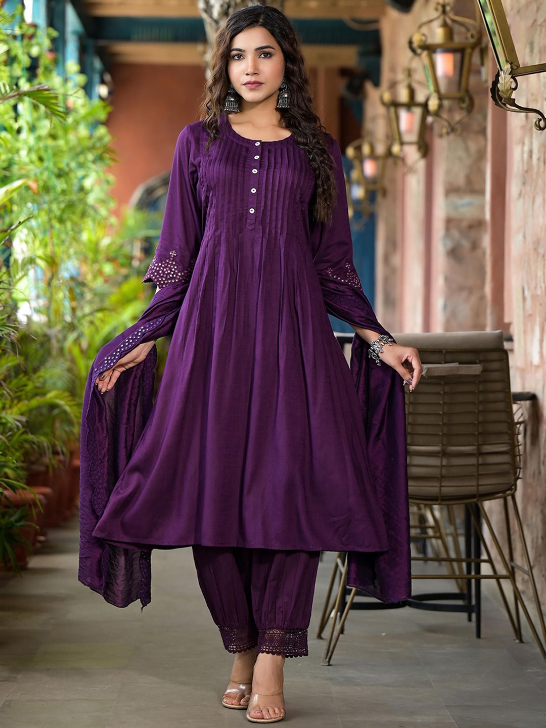 

Juniper Panelled Mirror Work Detail Liva Anarkali Kurta with Trousers & Dupatta, Purple