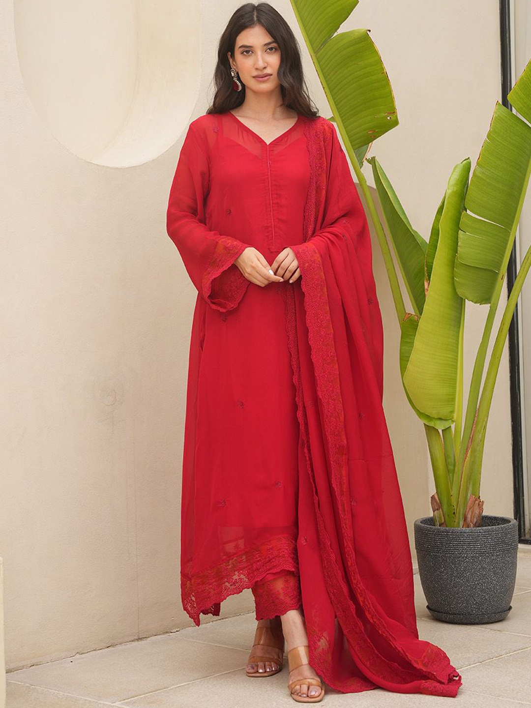 

OneWe Floral Embroidered Bell Sleeves Organza Straight Kurta With Trousers & Dupatta, Red