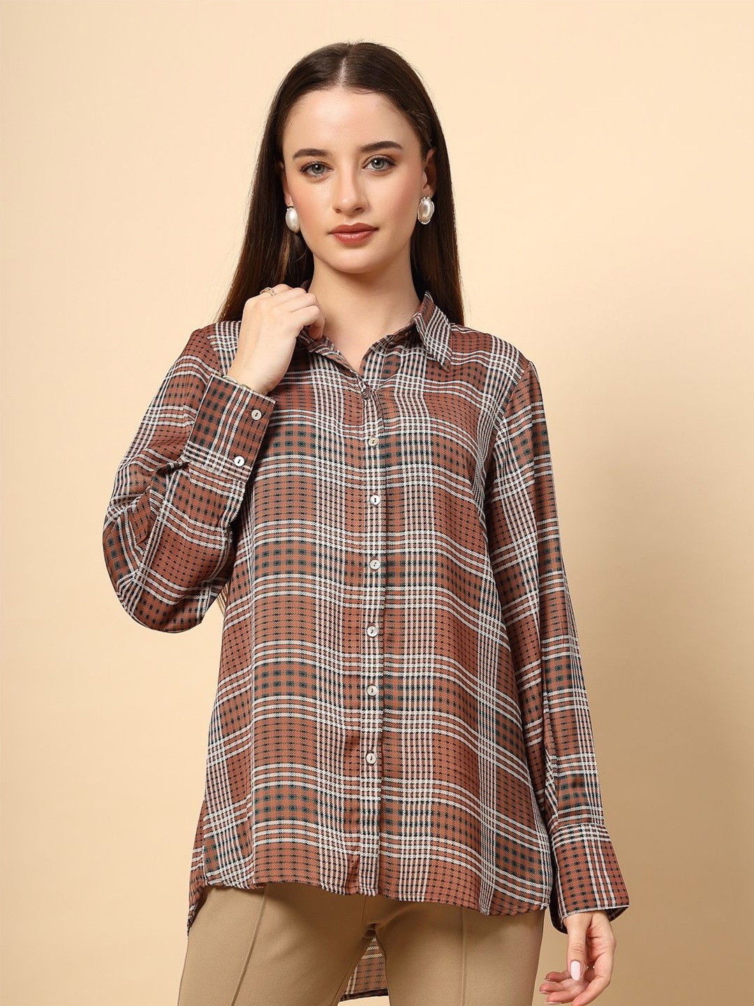 

Gipsy Women New Spread Collar Tartan Checked Casual Shirt, Brown