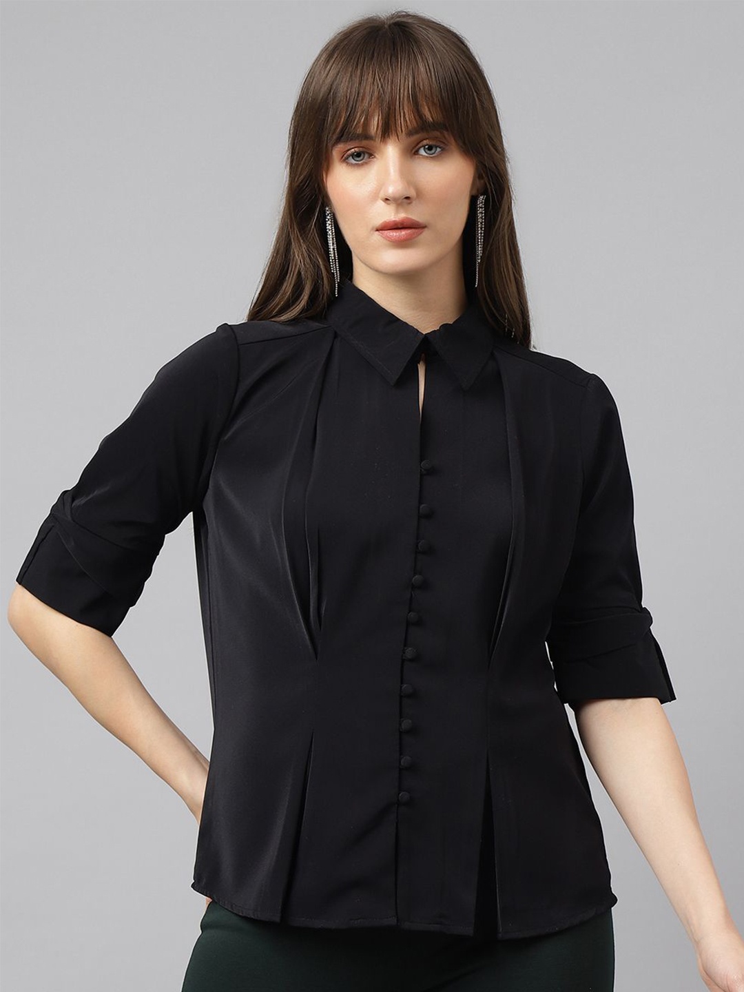 

Latin Quarters Women Spread Collar Solid Casual Shirt, Black
