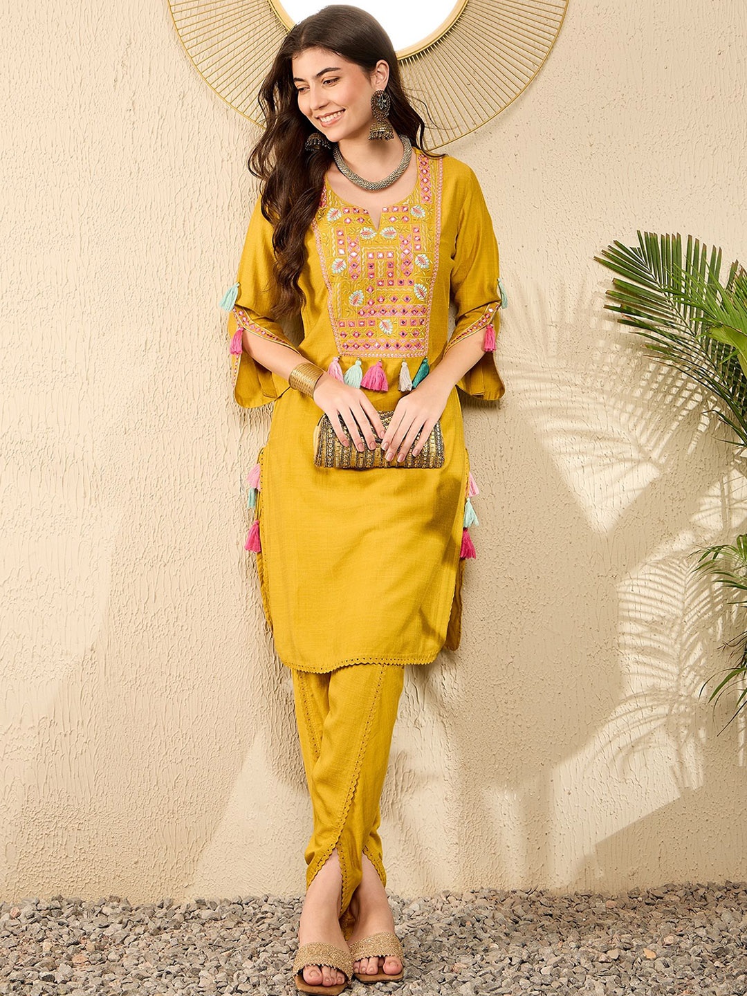 

KALINI Floral Yoke Design Mirror Work Straight Kurta With Dhoti Pants, Mustard