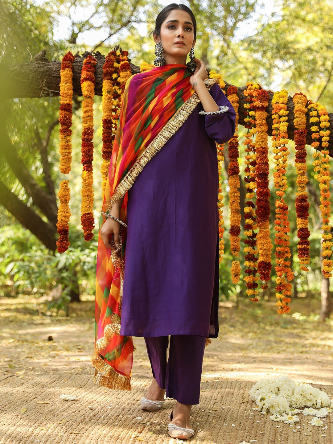 

GulaboJaipur Round Neck Pure Silk Straight Kurta with Trousers & Dupatta, Purple