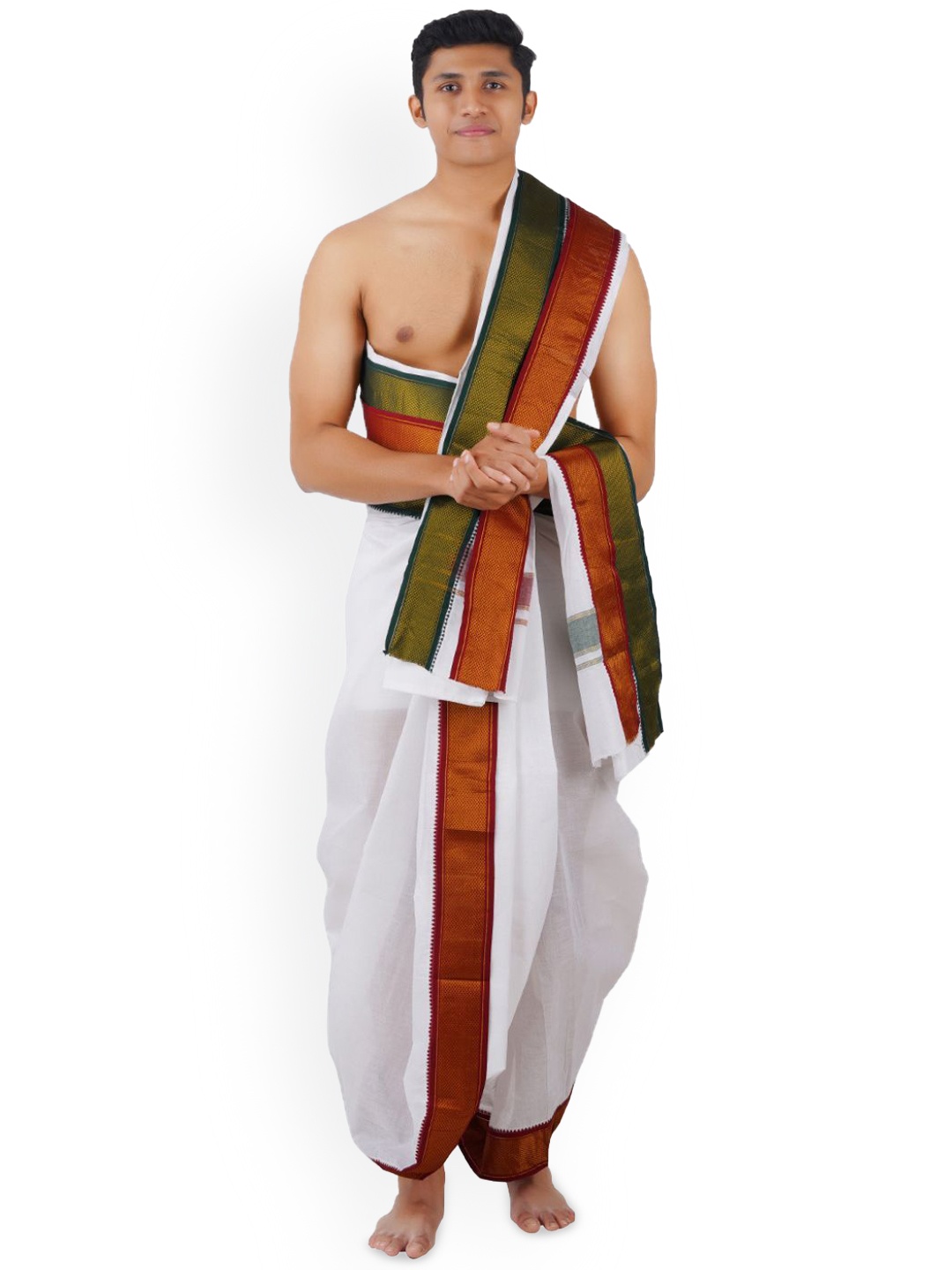 

Ethazh Men Cotton Dhoti & Angavasthram with Woven Zari Border, White