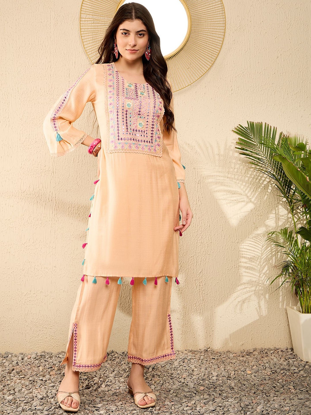

AHIKA Floral Yoke Design Regular Mirror Work Straight Kurta with Trousers, Peach