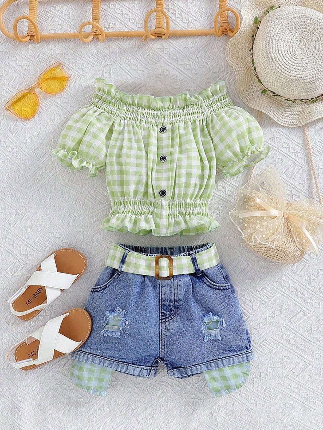 

INCLUD Girls Checked Off-Shoulder Neck Short Sleeves Cotton Blend Top With Shorts, Lime green