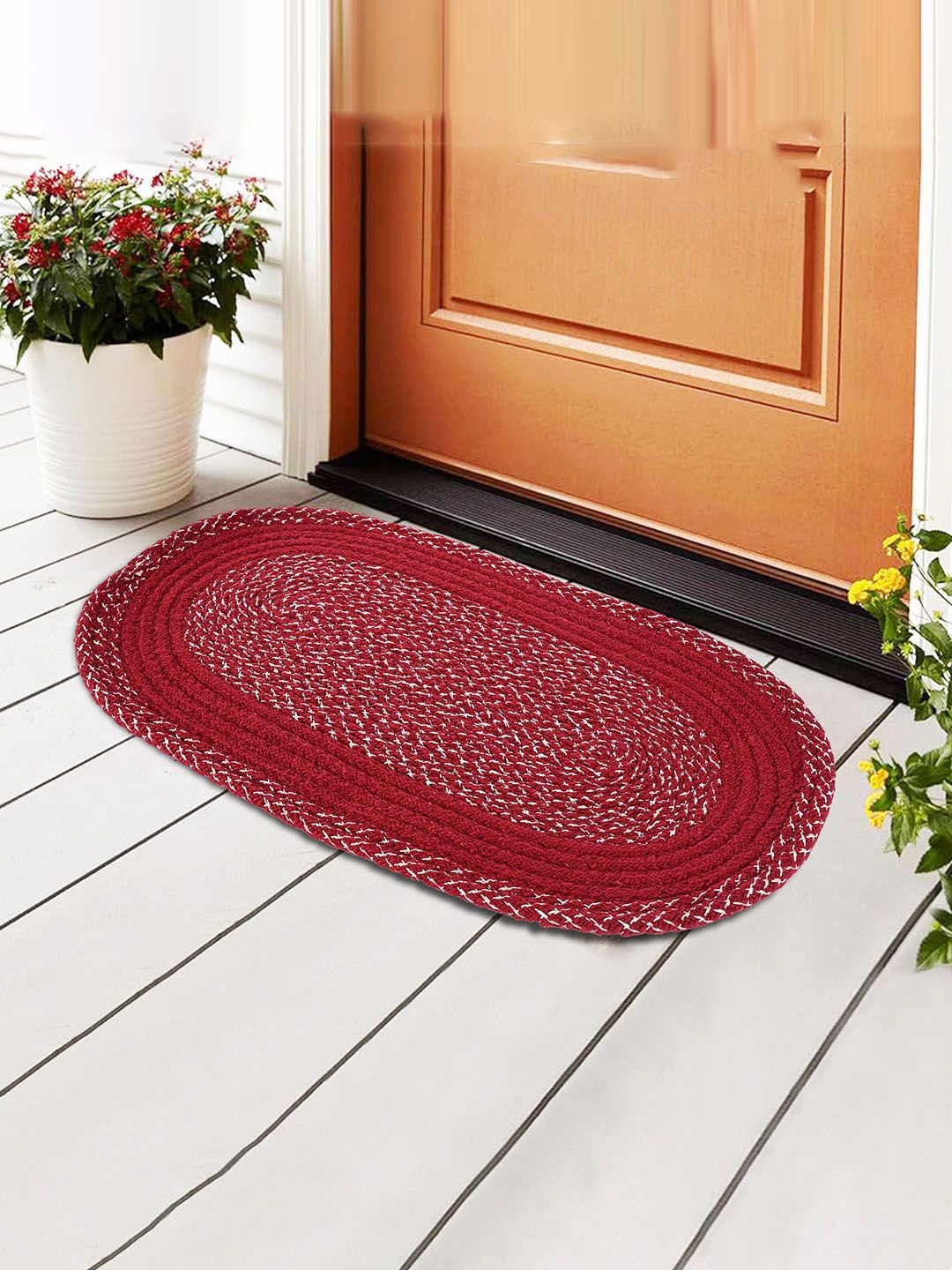 

Kuber Industries Red & White Non Slip Cotton Door Mat