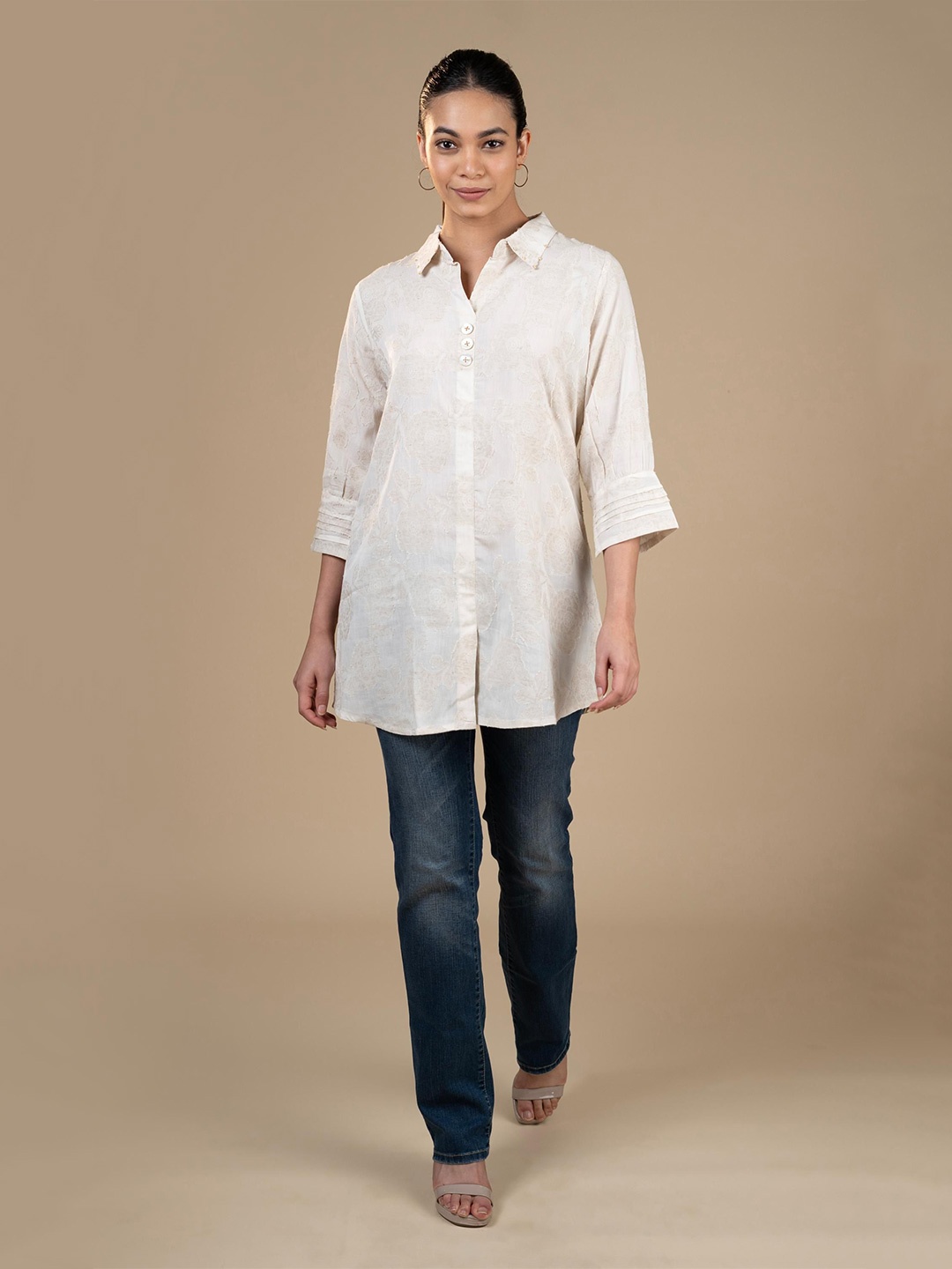 

Zivapez Floral Embroidered Shirt Collar Thread Work Thread Work Kurti, Off white