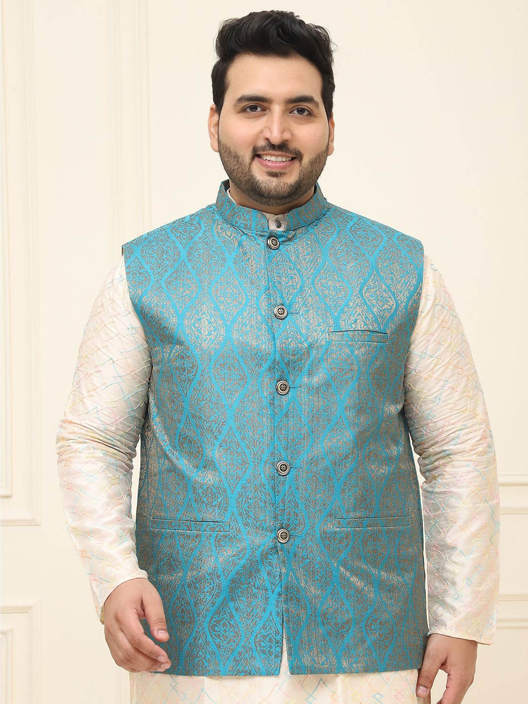 

SOJANYA PLUS Men Plus Size Printed Mandarin Collar Nehru Jacket, Teal